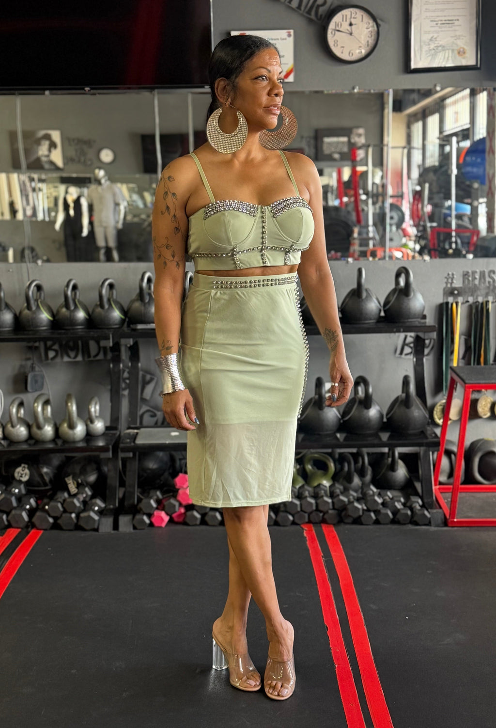 Studded Stone Cami Top & Slit Mini Skirts Set