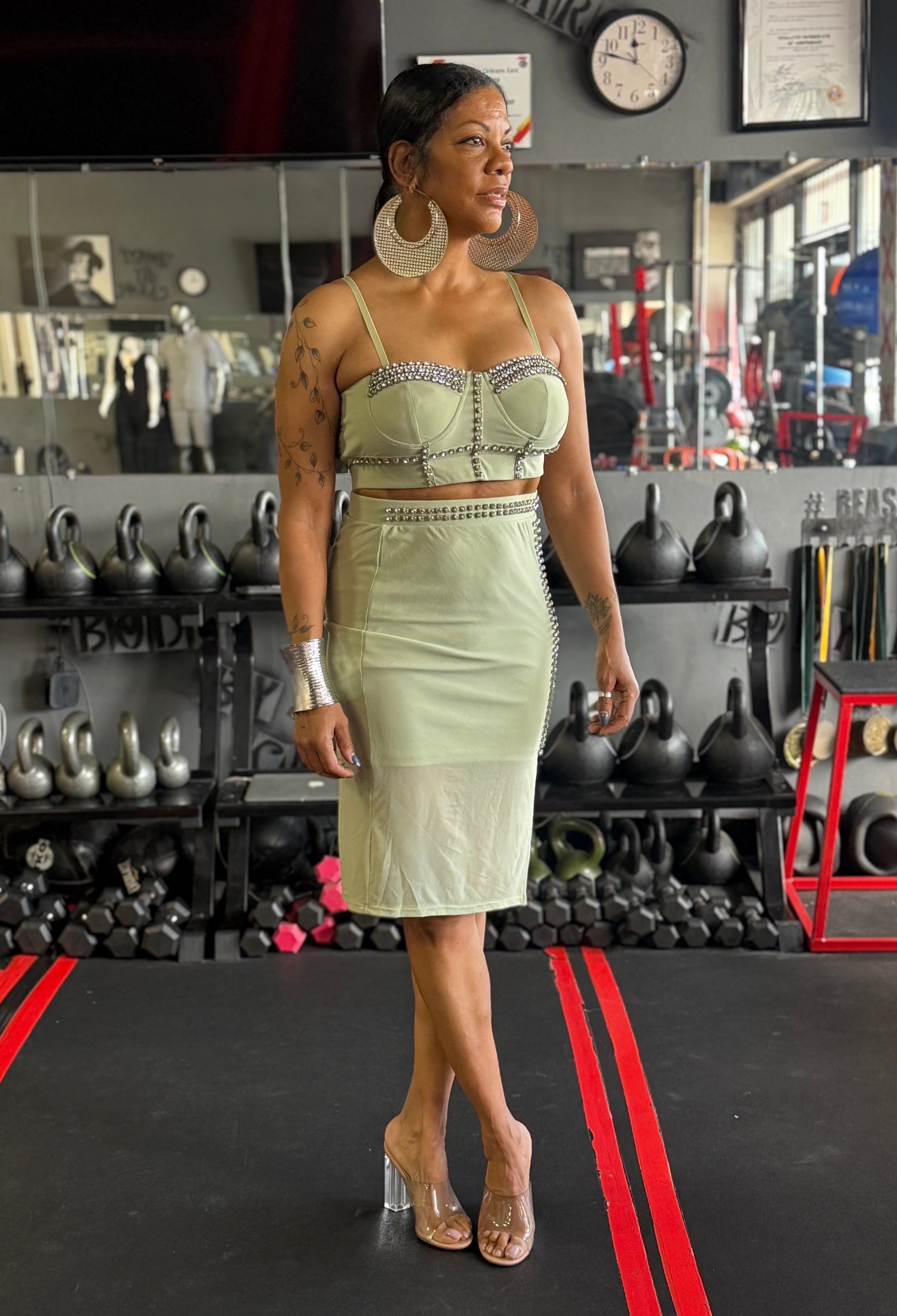 Studded Stone Cami Top & Slit Mini Skirts Set