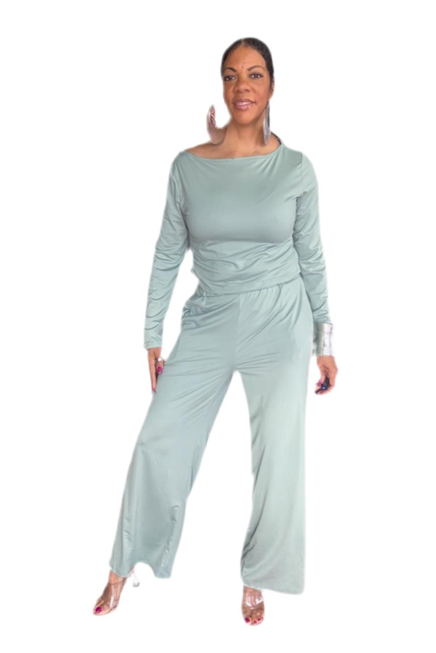 Boat Neck Long Sleeve Top and Pants Set