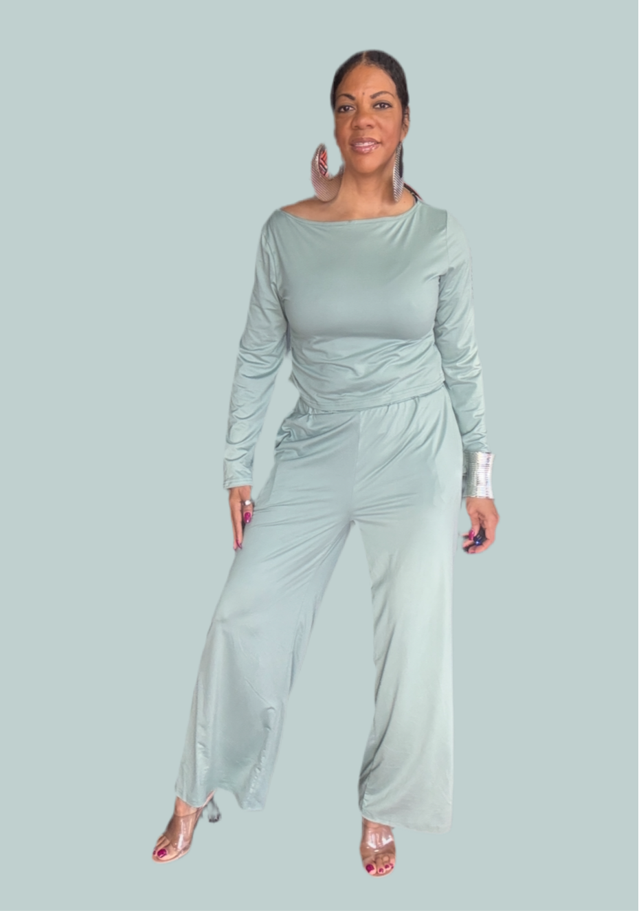 Boat Neck Long Sleeve Top and Pants Set