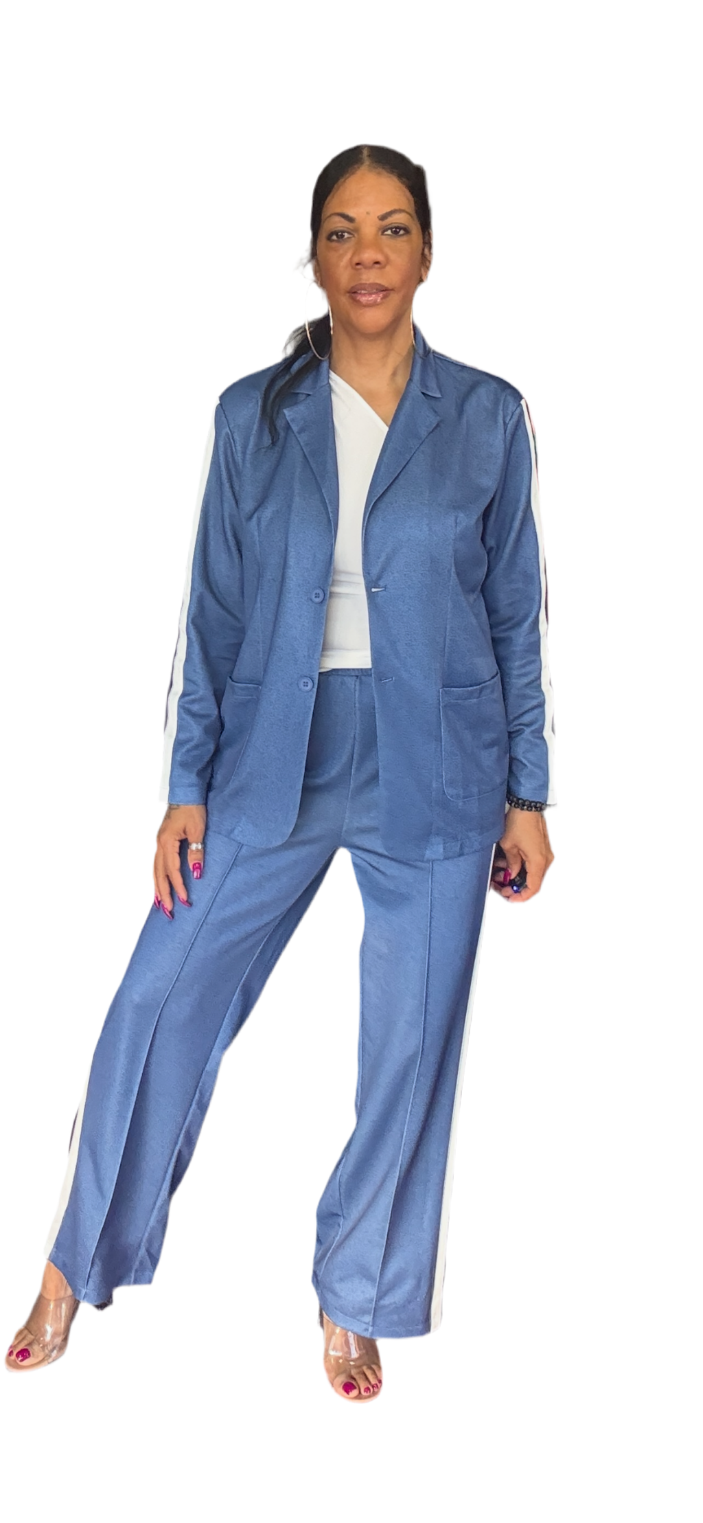 Full Size Contrast Lapel Collar Top and Pants Set