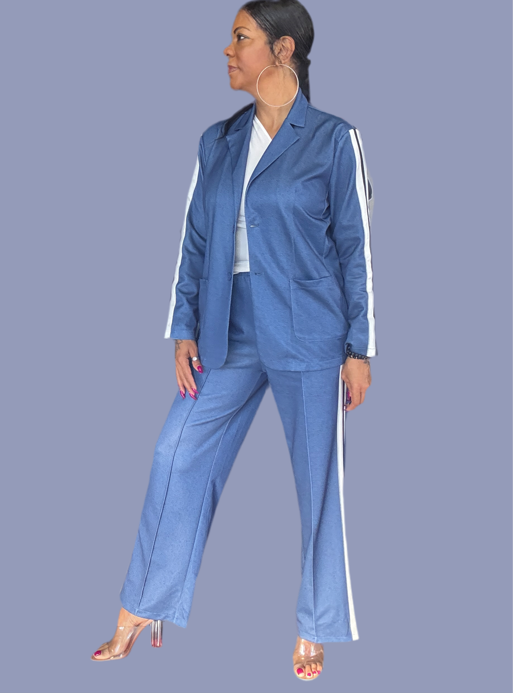 Full Size Contrast Lapel Collar Top and Pants Set