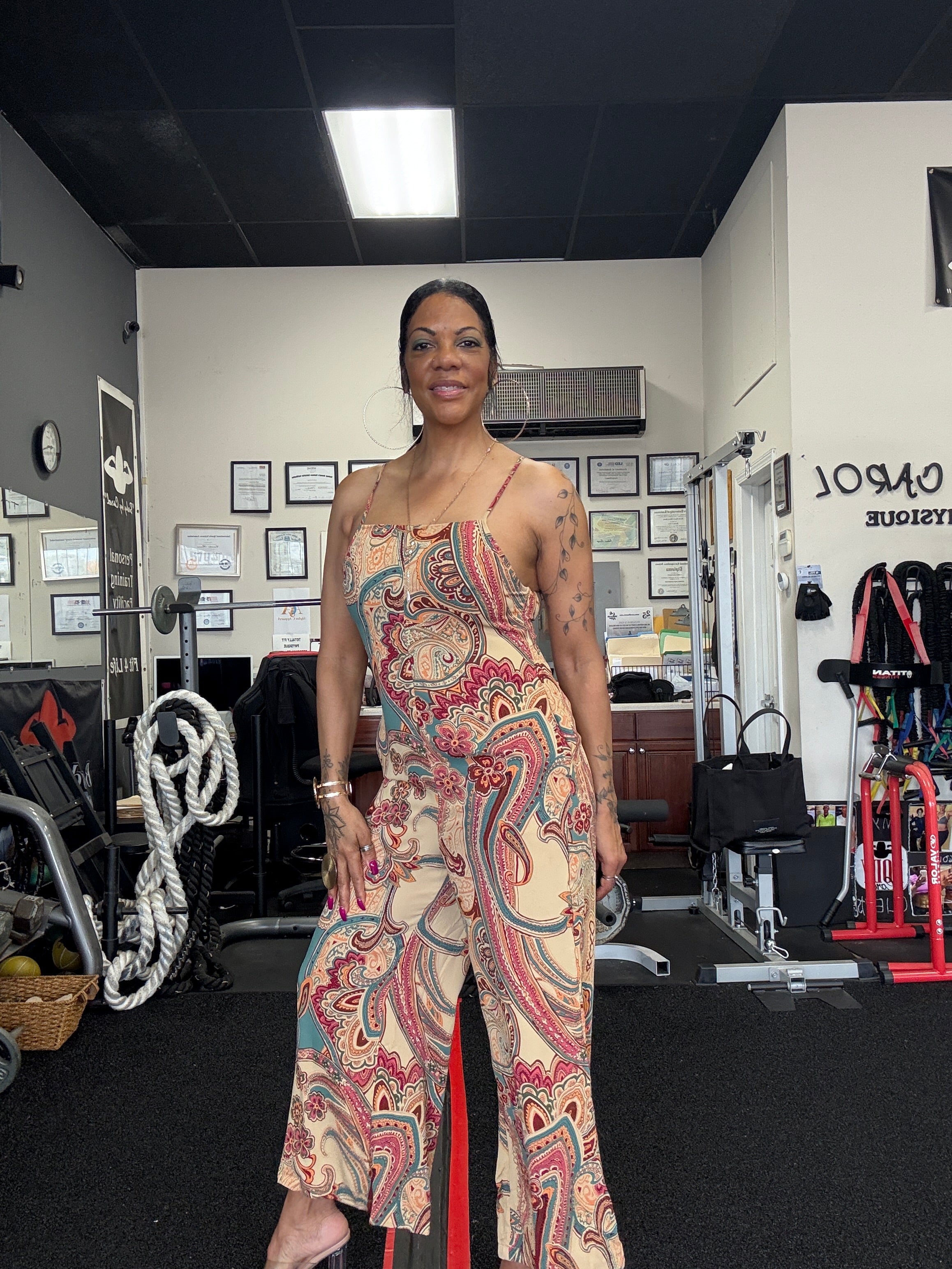 Red Paisley Printed Spaghetti Straps Elegant Wide Leg Jumpsuit