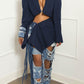 Street Strap Design Turn-back Collar Long Sleeve Cut Out Irregular Hem Blazer Tops And Ripped Denim Jeans Two Pieces Trouser Sets