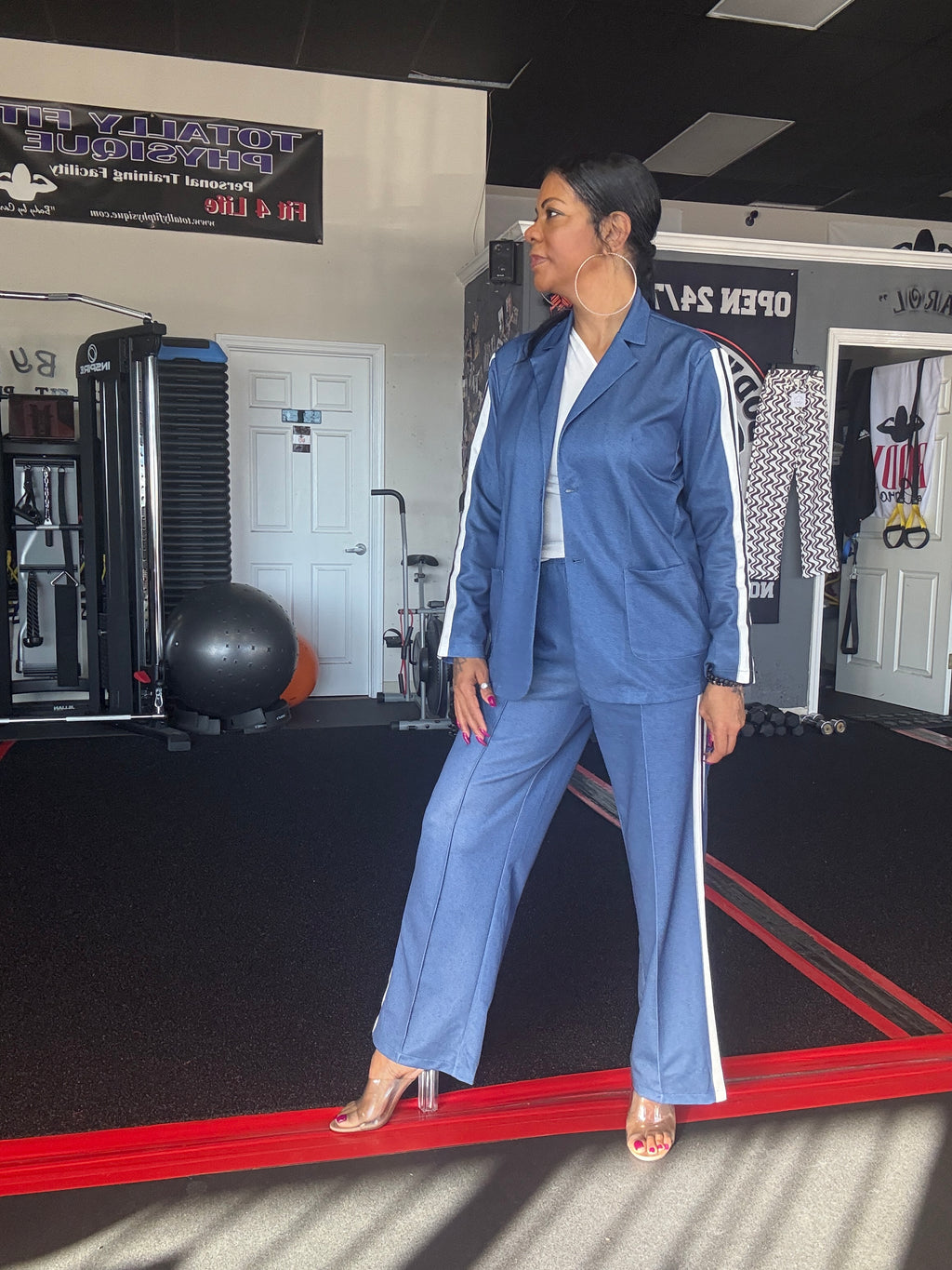 Full Size Contrast Lapel Collar Top and Pants Set