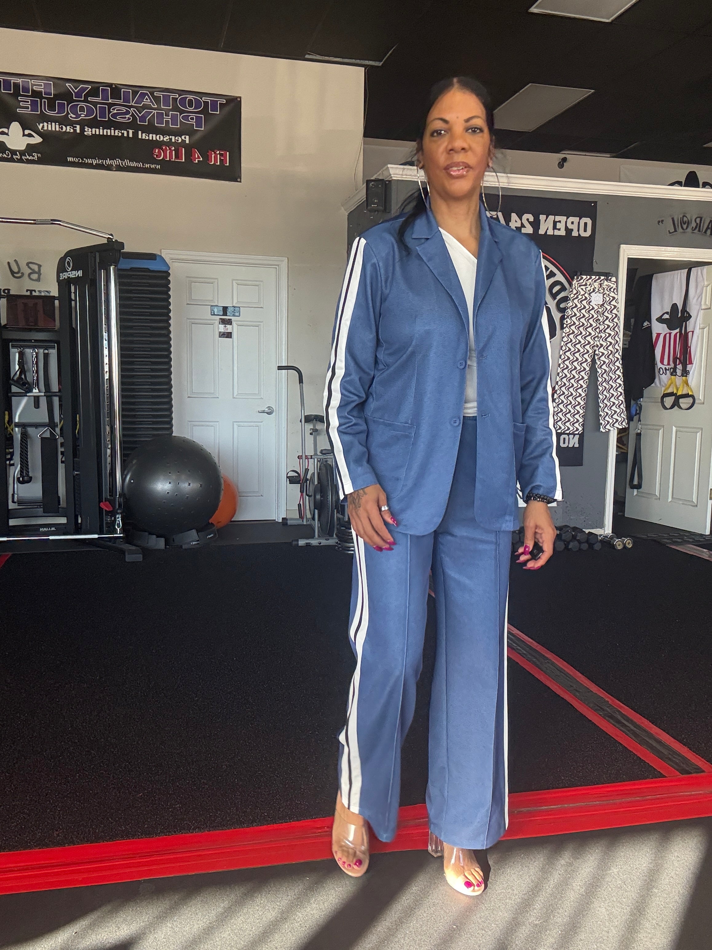 Full Size Contrast Lapel Collar Top and Pants Set