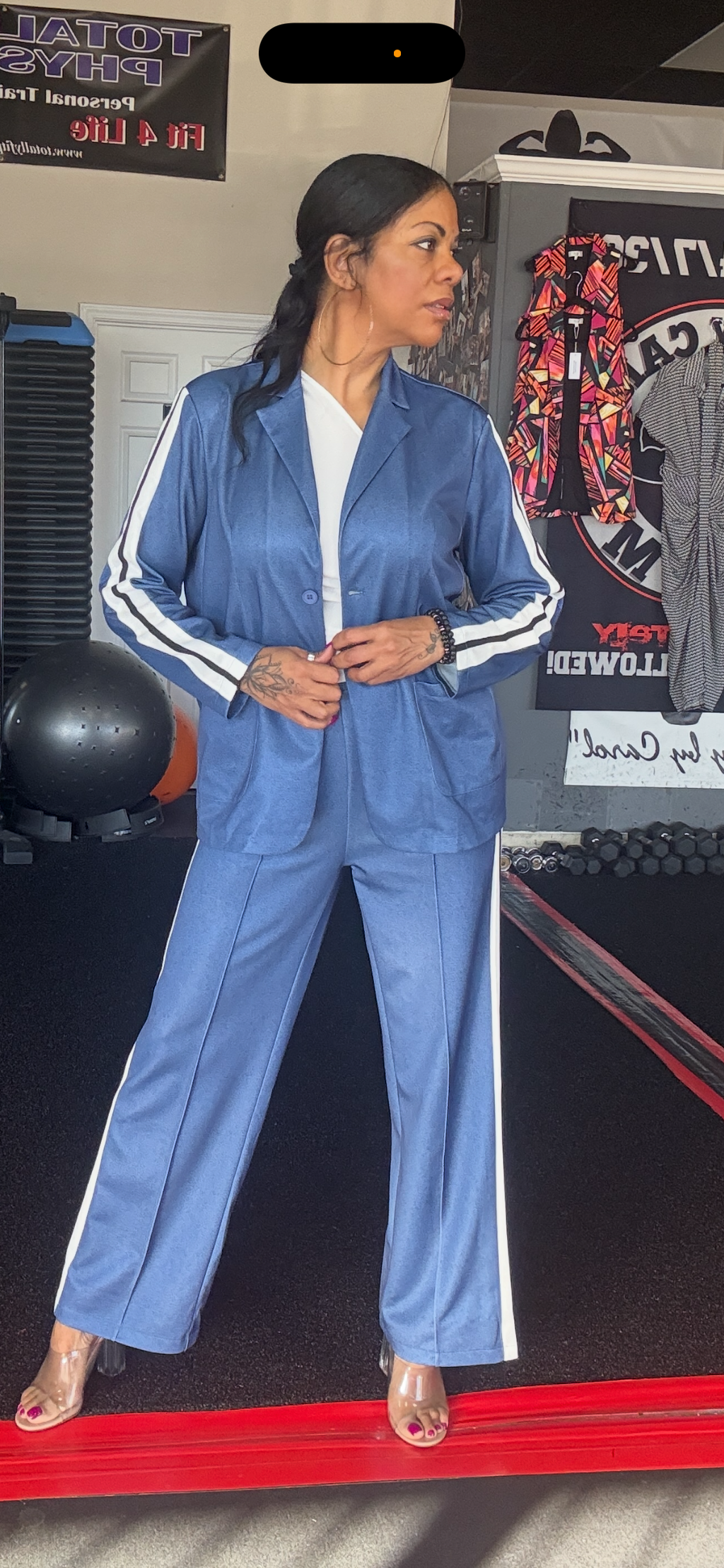 Full Size Contrast Lapel Collar Top and Pants Set