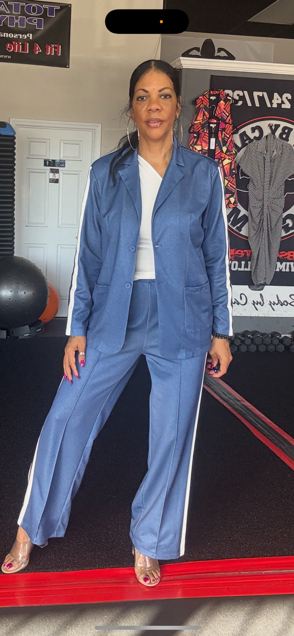 Full Size Contrast Lapel Collar Top and Pants Set