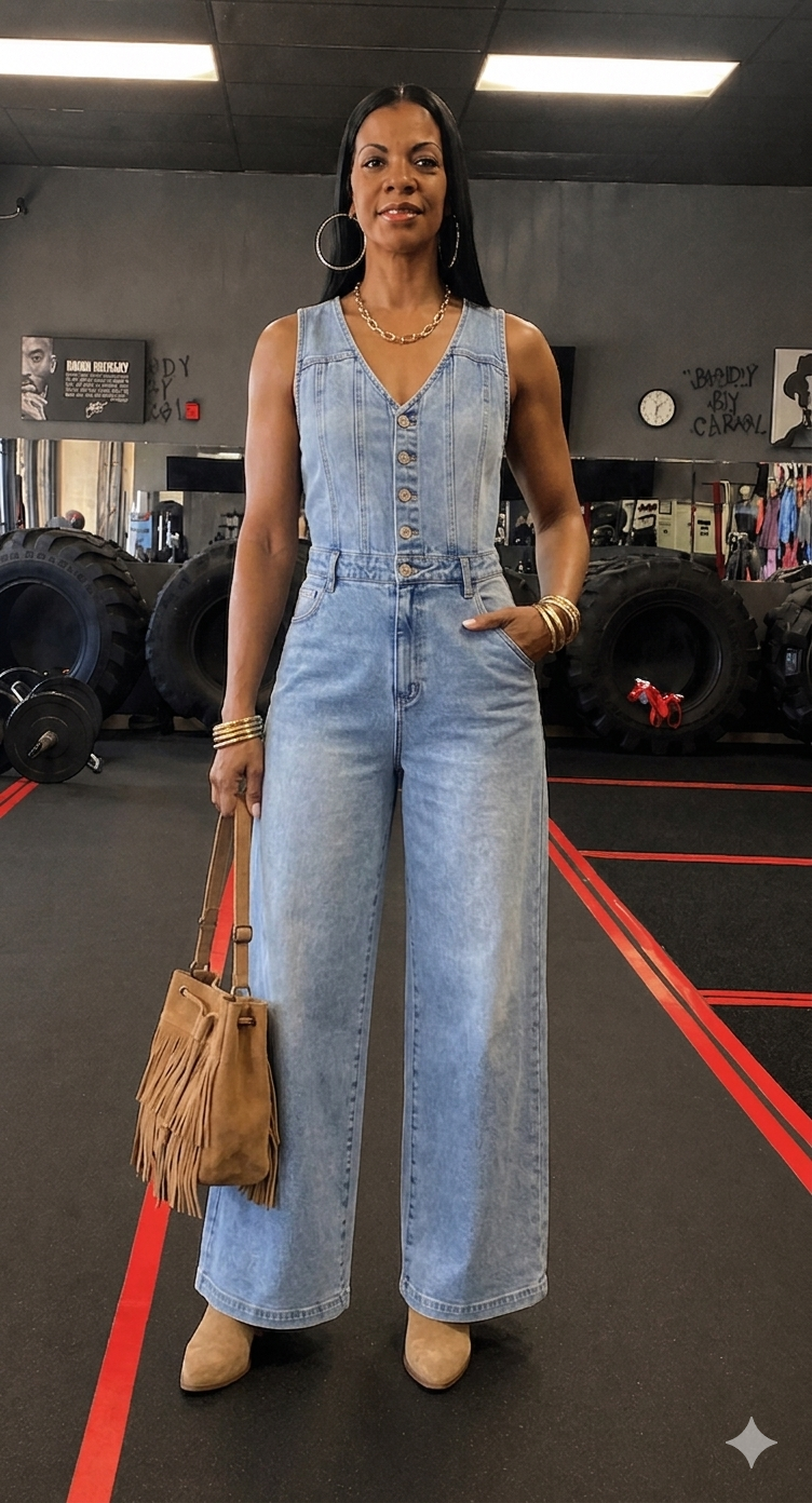 V-neck Wide Leg Denim Jumpsuit