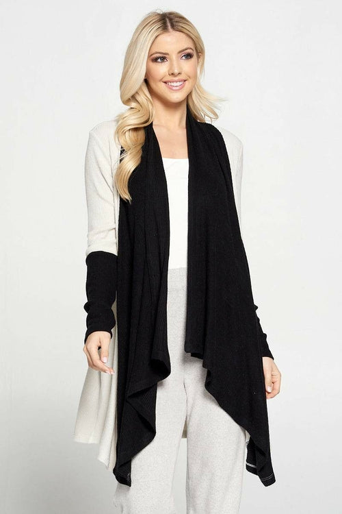 Open Front Draped Cardigan with Color Block Sleeve Detail