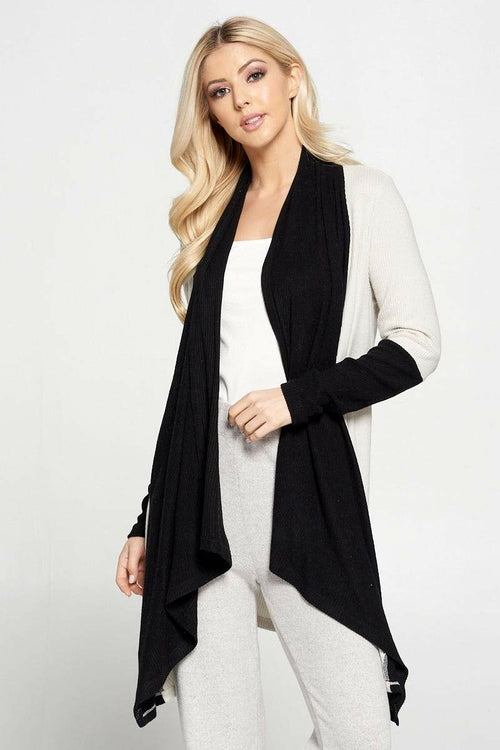 Open Front Draped Cardigan with Color Block Sleeve Detail