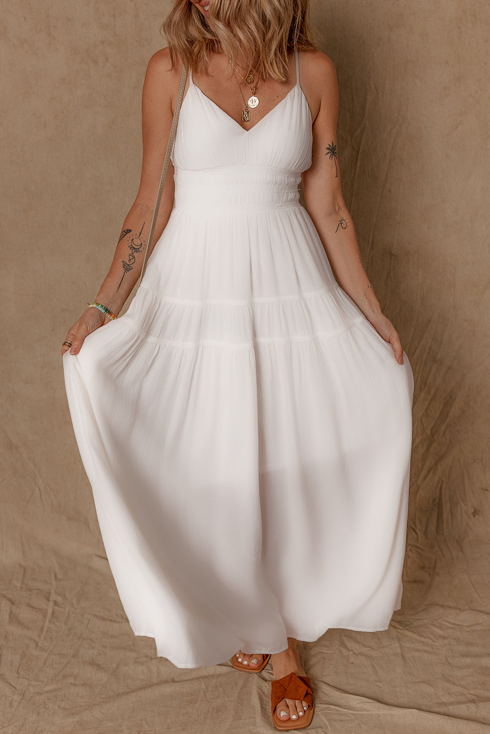 White Spaghetti Straps High Waist Elegant Long Dress