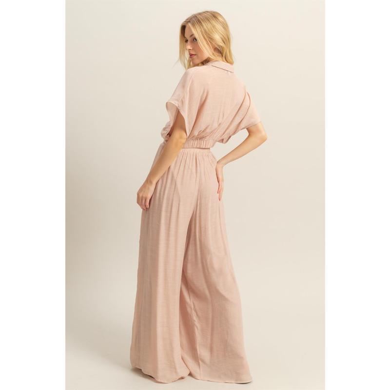 HYFVE Women's Blush Pink Kimono Sleeve Crop Top & Wide Leg Pants Set - Long, Loose-fitting, High Waist, 100% Viscose, Machine Washable - Womenswear, Clothes