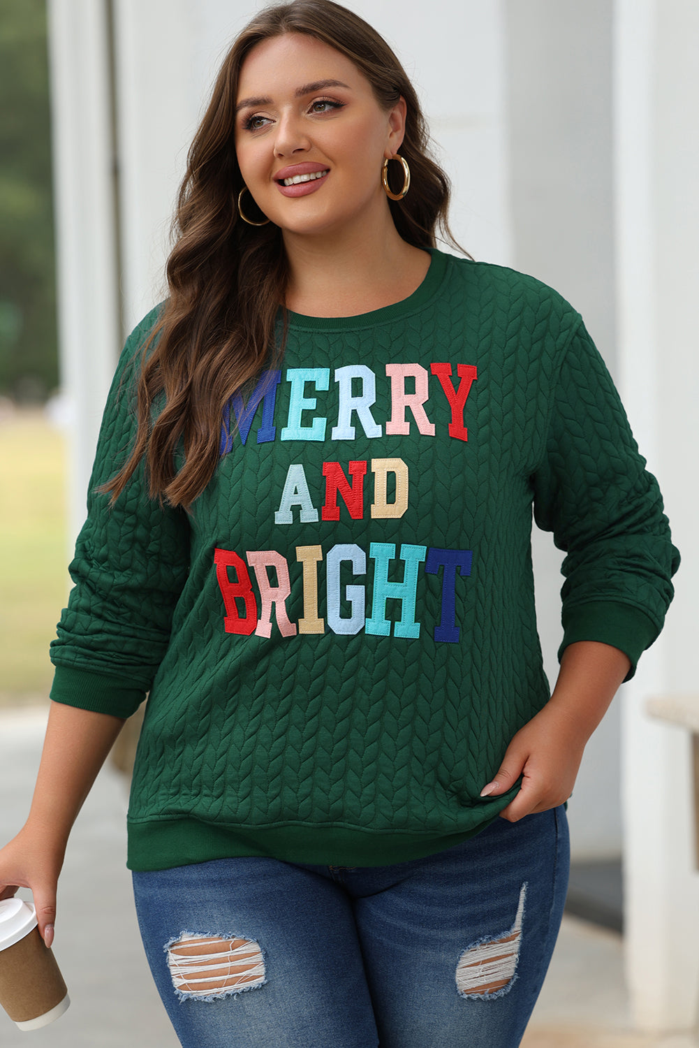 Blackish Green Merry And Bright Cable Knit Pullover Sweatshirt