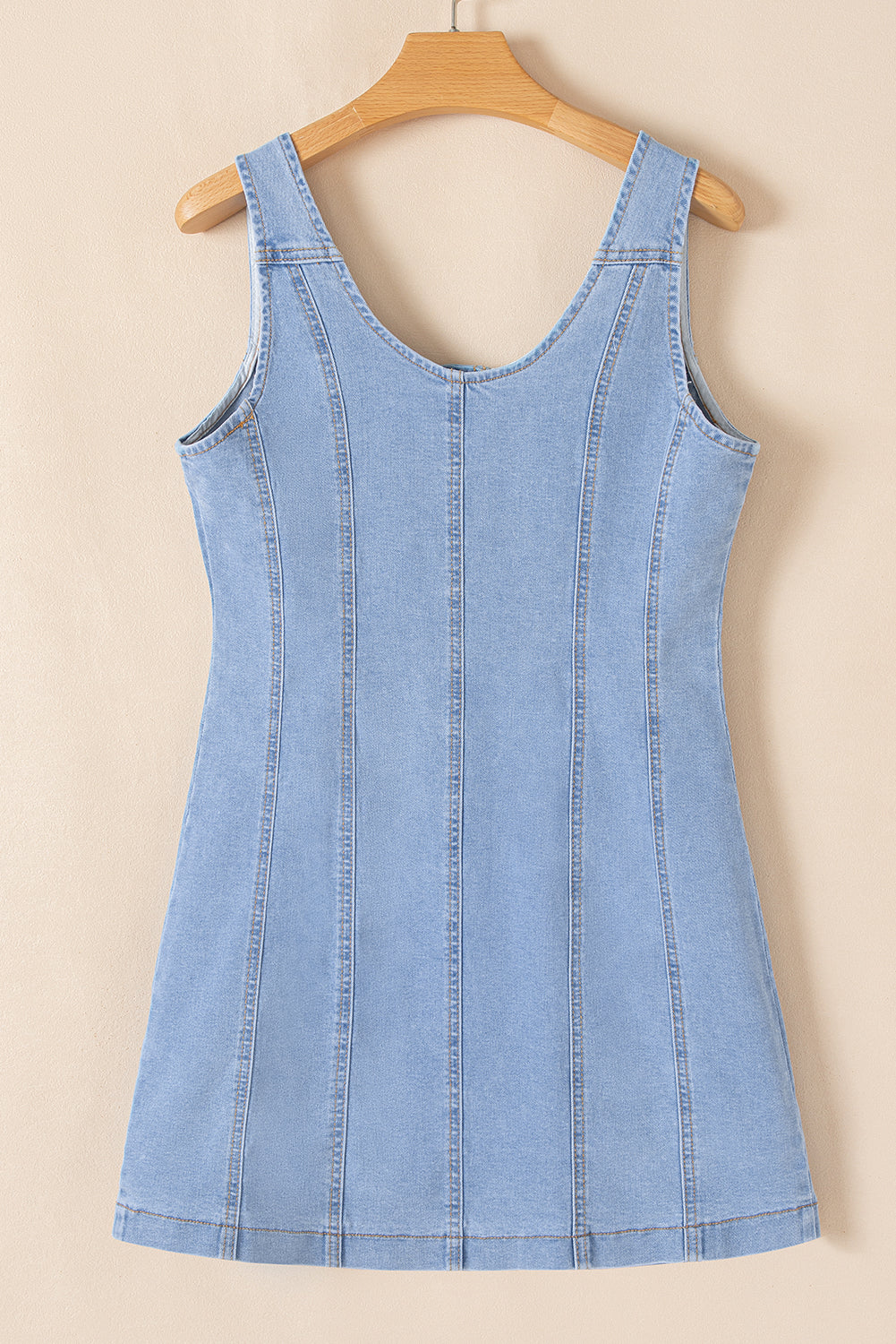 Beau Blue Light Wash Denim Buttoned Front Chest Pockets Sleeveless Slim Mini Dress