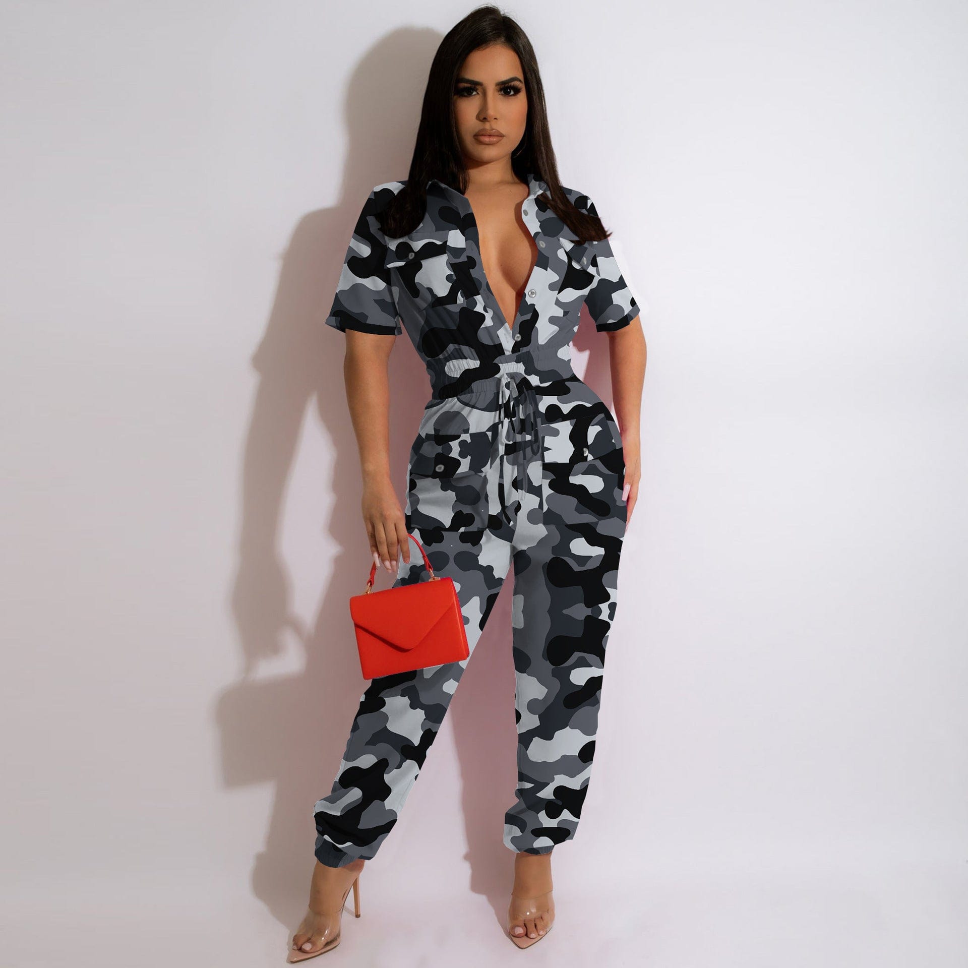 Alpha C Women Camouflage High Stretch V Neck  Overall Jumpsuit jumpsuit Aiexpress Gray camouflage / L