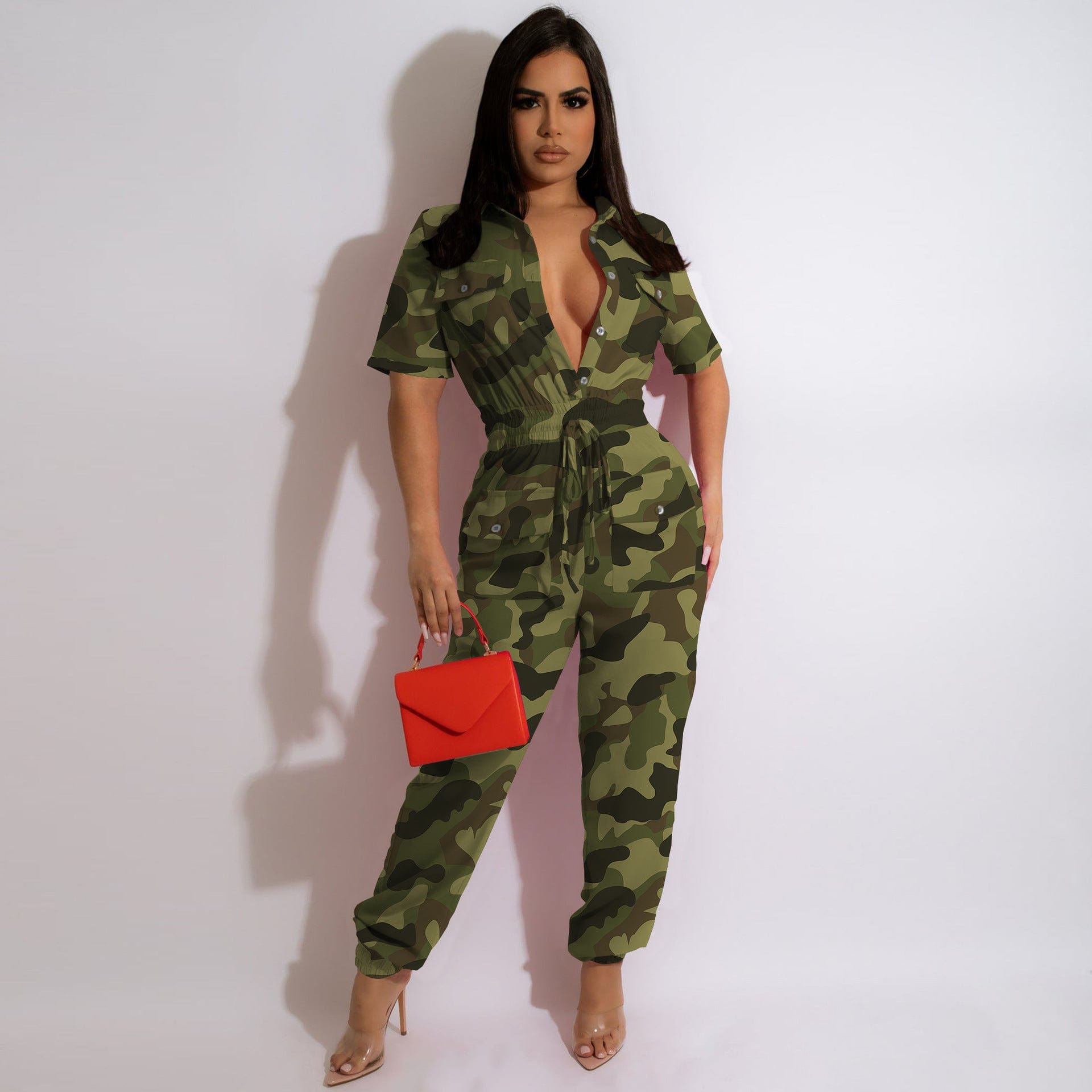 Alpha C Women Camouflage High Stretch V Neck  Overall Jumpsuit jumpsuit Aiexpress Green camouflage / XL