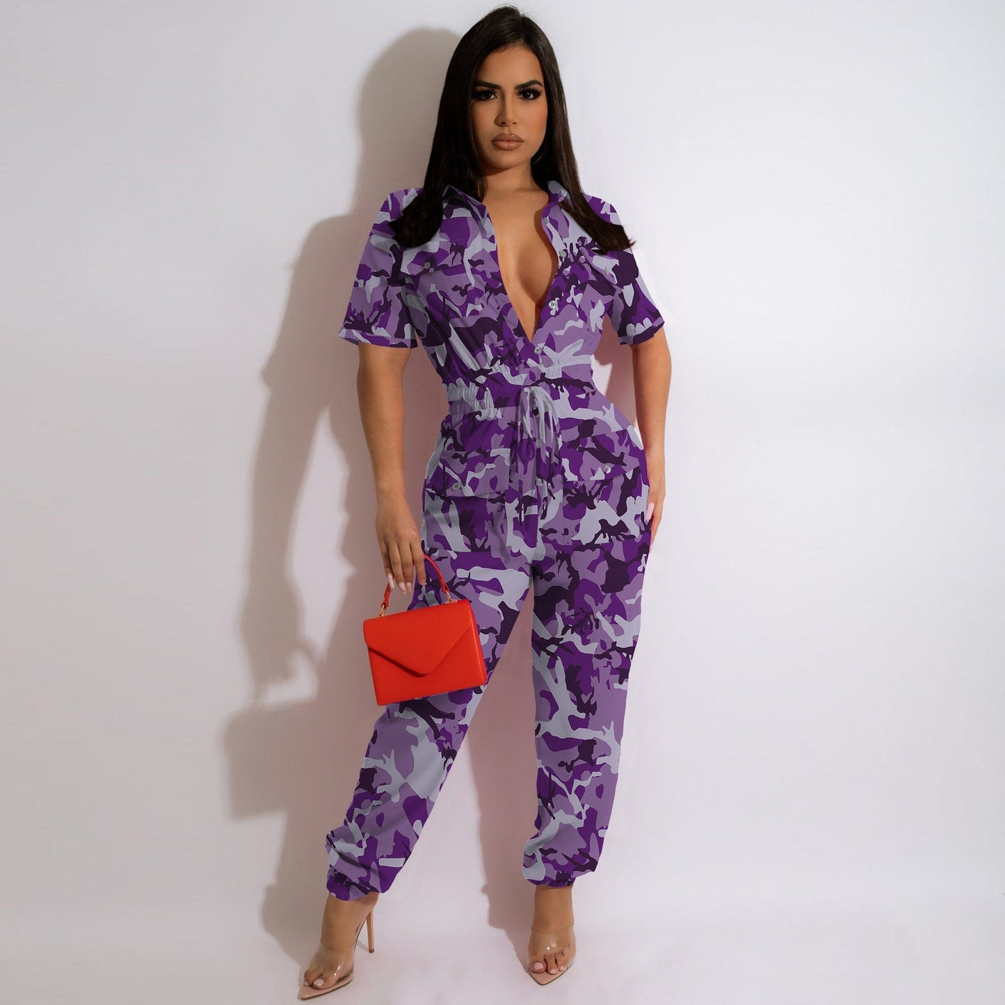 Alpha C Women Camouflage High Stretch V Neck  Overall Jumpsuit jumpsuit Aiexpress Purple camouflage / S