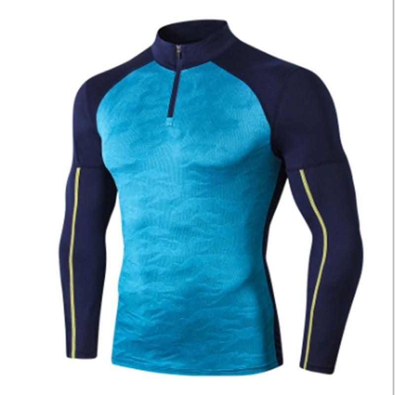 Men Collar Long Sleeve Gym Fitness Compression Zipper Shirts 0 Alpha C Apparel Peacock blue / S