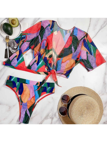 S-XXL Colorful Print High Waist Bikini Female Swimsuit Women Swimwear Three-piece Bikini set Bather Bathing Suit Swim V2805P 0 Alpha C Apparel Pink / S