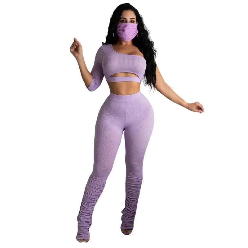 Women fashion two piece design stacked pants set Alpha C Apparel 3 XL / Purple