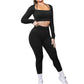 Womens 2 Pieces Ribbed Yoga Set Long Sleeve Gym Set Crop Tops and High Waist Leggings for Women Outfits Tracksuits Alpha C Apparel A-Black / S