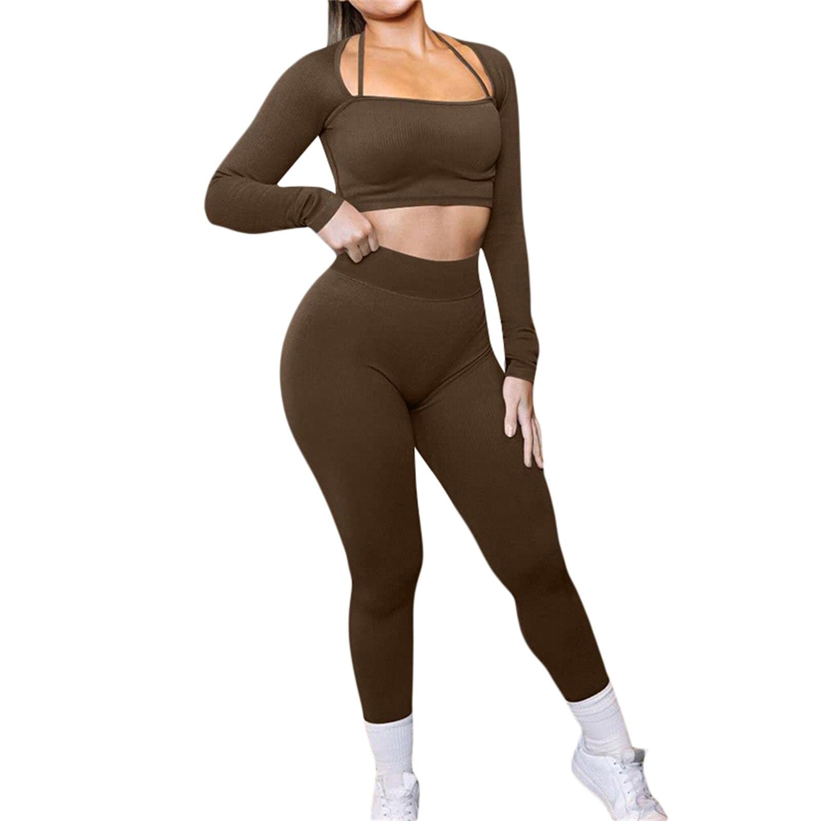 Womens 2 Pieces Ribbed Yoga Set Long Sleeve Gym Set Crop Tops and High Waist Leggings for Women Outfits Tracksuits Alpha C Apparel A-Brown / S