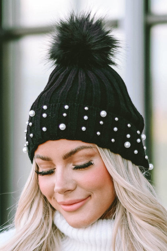 Black Faux Pearl & Pompom Decor Cuff Beanie Accessories Alpha C Apparel Black / ONE SIZE / 36%Polyester+35%Wool+29%Cotton