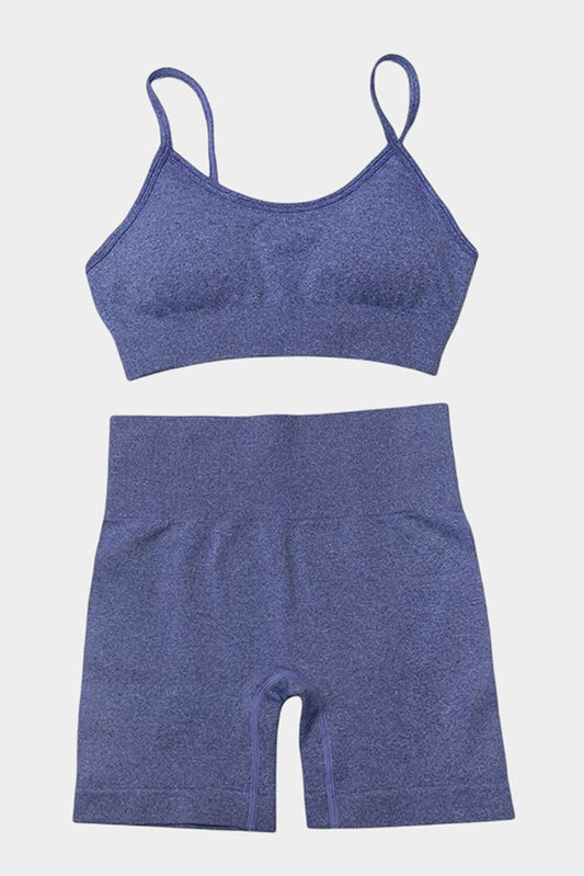 Blue Spaghetti Straps Seamless Yoga Short Set Activewear Alpha C Apparel Blue / S