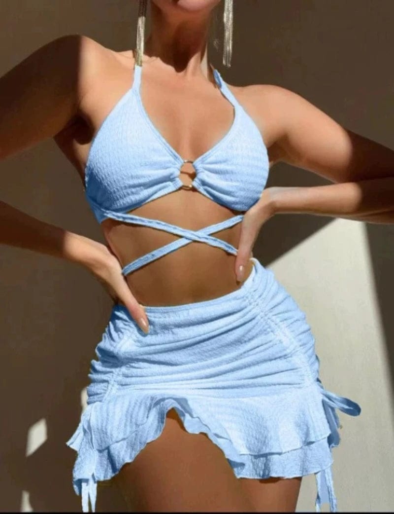 Alpha C Apparel Cross Strap Bikini Skirt with Cover Solid Split Swimsuit Bikini aliexpress Alpha C Apparel S / Blue