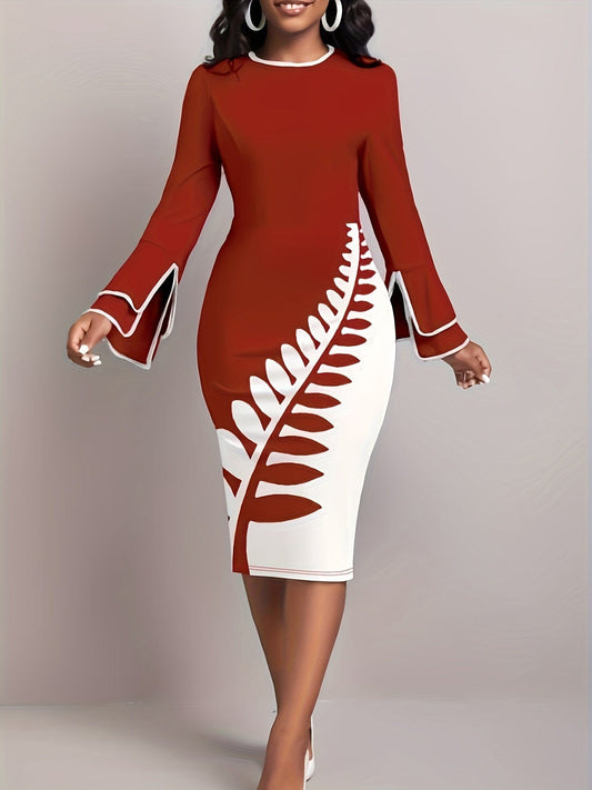 Alpha C Elegant Leaves Print Dress for Women - Perfect for Spring & Fall Alpha C Apparel