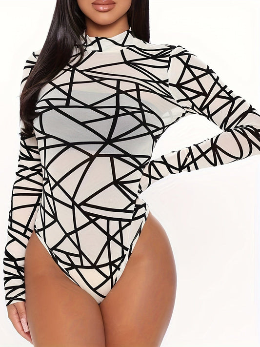 Alpha C Sexy Geometric Pattern Mesh Bodysuit - High Neck, Long Sleeve, High Cut - Lingerie & Underwear Alpha C Apparel