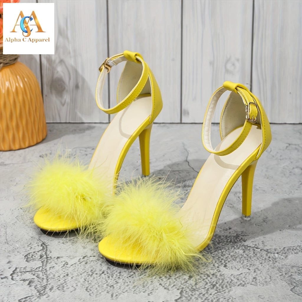 Alpha C Stylish Faux Fur Stiletto Heels - Open Toe Pumps with Buckle Strap Alpha C Apparel