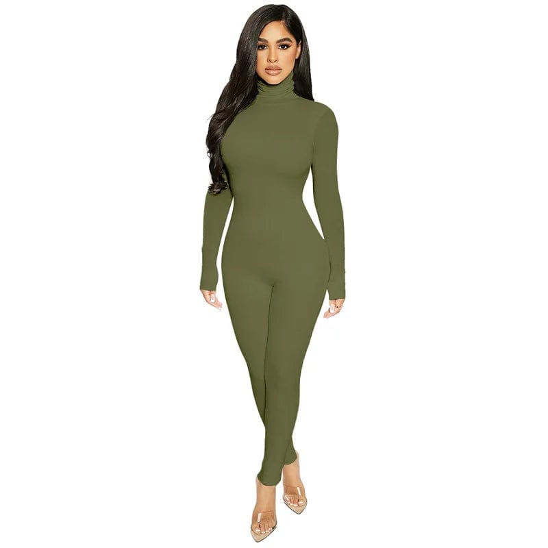 Plain Color Women Rompers 2021 Long Sleeve Solid Turtleneck Skinny Bodycon Jumpsuit Fashion Fitness Casual One Piece Overalls Alpha C Apparel Army Green / S / China