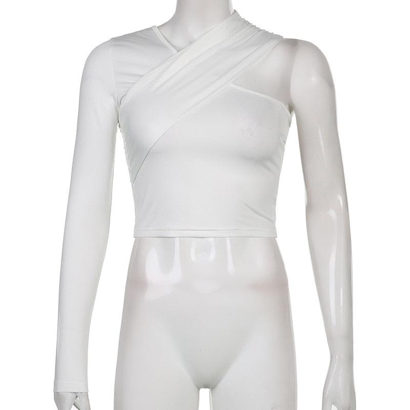 Asymmetrical Women V Neck One-shoulder Solid Color Alpha C Apparel