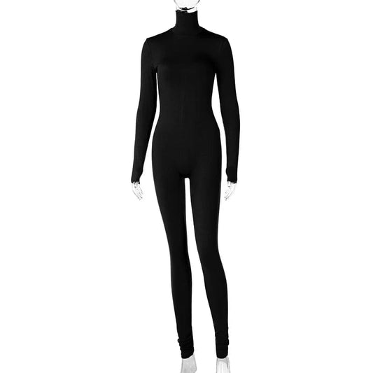 Plain Color Women Rompers 2021 Long Sleeve Solid Turtleneck Skinny Bodycon Jumpsuit Fashion Fitness Casual One Piece Overalls Alpha C Apparel Black / S / China