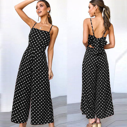 Elegant Sexy Jumpsuits Women Sleeveless Polka Dots Loose Baggy Pants Rompers Bow Backless Bodysuits Jumpsuits Alpha C Apparel Black / S