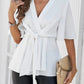 Women's Solid Wrap Belted V-neck Blouse H8LBSR6XTU Blouses Alpha C Apparel M / White