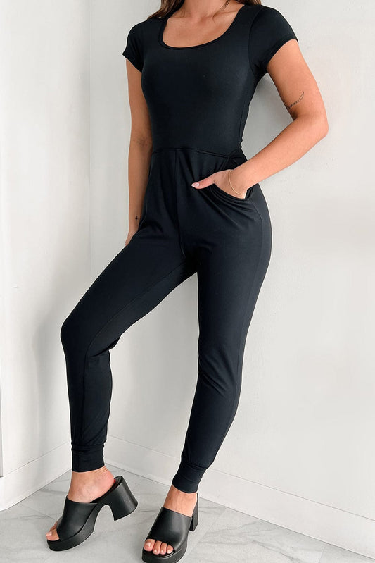 Black Short Sleeve Pocket Jogger Bottom Athleisure Jumpsuit Bottoms Alpha C Apparel Black / S / 95%Polyester+5%Elastane