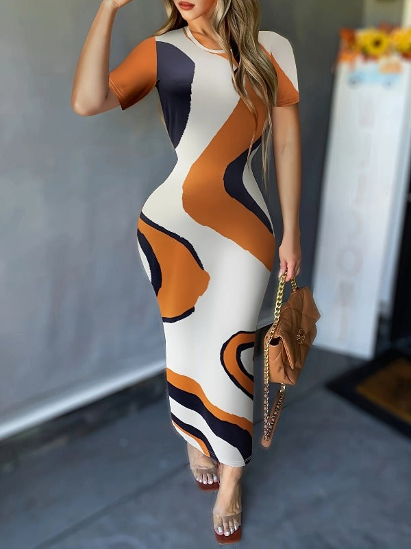 Alpha C Apparel Women's Elegant Abstract Print Bodycon Dress - Short Sleeve Crew Neck Design Casual dress Alpha C Apparel