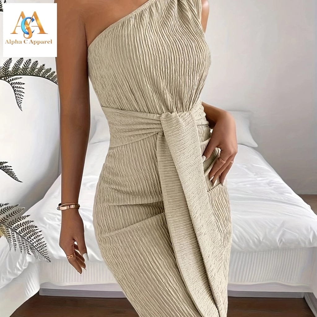 Flattering One Shoulder Dress - Perfect for Spring & Summer casual dress Alpha C Apparel S(4) / Light Grey