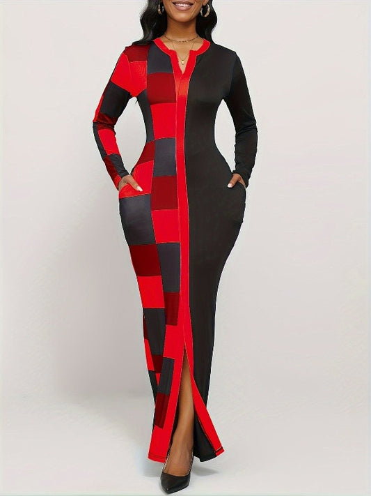 Alpha C Apparel Women's Spring & Fall Notch Neck Split Dress Casual dress Alpha C Apparel XS(2) / Red+Black