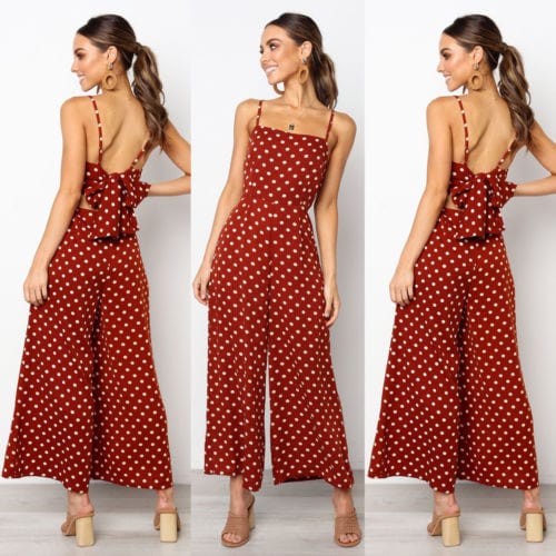 Elegant Sexy Jumpsuits Women Sleeveless Polka Dots Loose Baggy Pants Rompers Bow Backless Bodysuits Jumpsuits Alpha C Apparel Claret / S