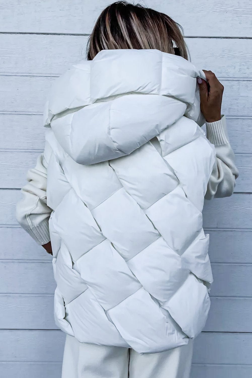 White Quilted Zipper Front Thermal Hooded Vest Coat Coats Alpha C Apparel