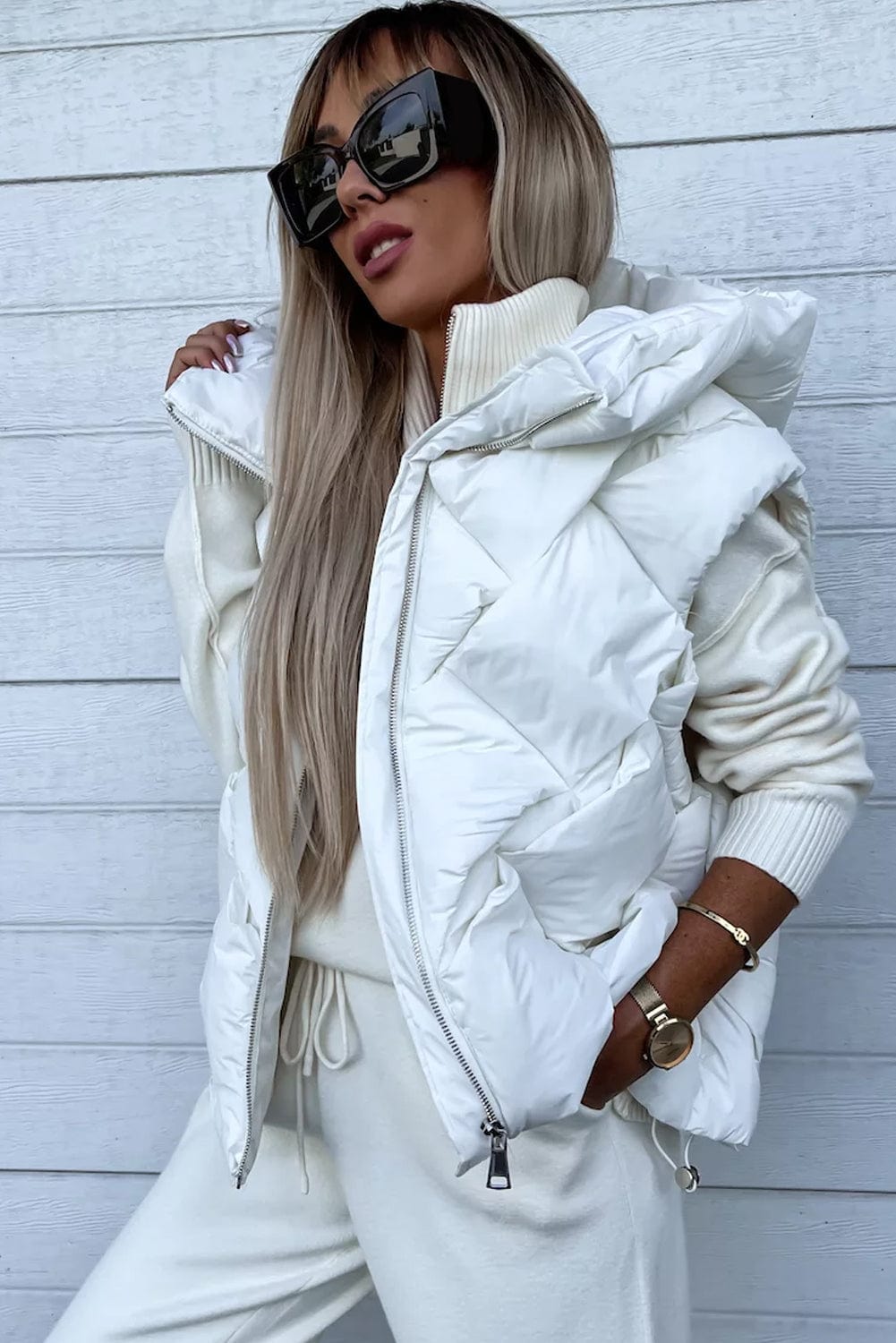 White Quilted Zipper Front Thermal Hooded Vest Coat Coats Alpha C Apparel