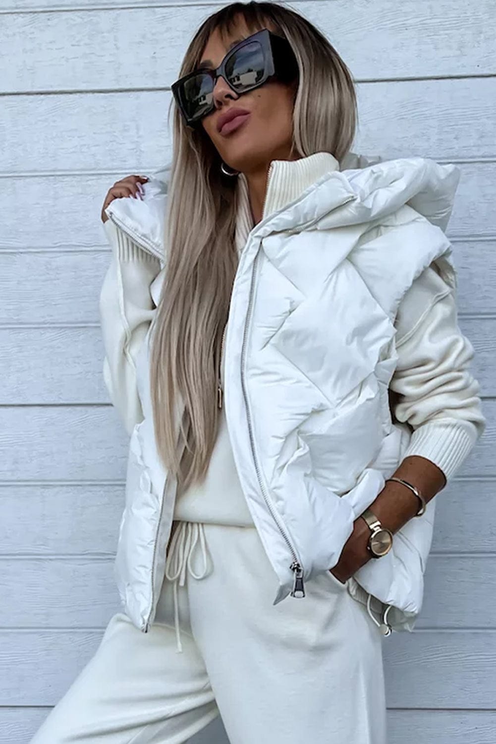 White Quilted Zipper Front Thermal Hooded Vest Coat Coats Alpha C Apparel