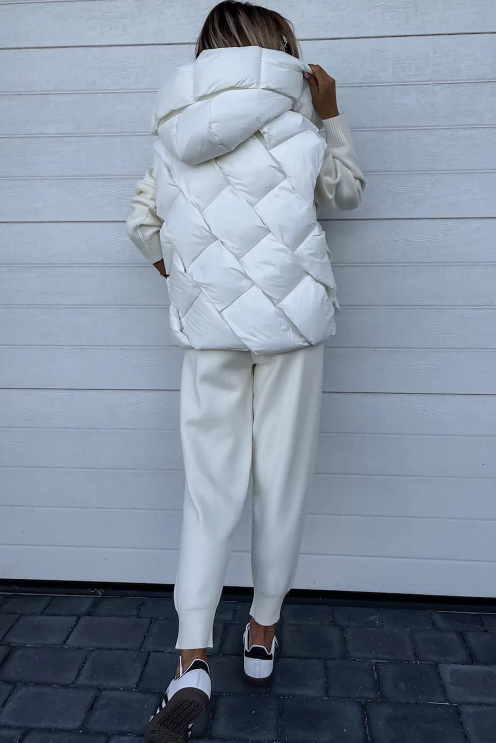 White Quilted Zipper Front Thermal Hooded Vest Coat Coats Alpha C Apparel