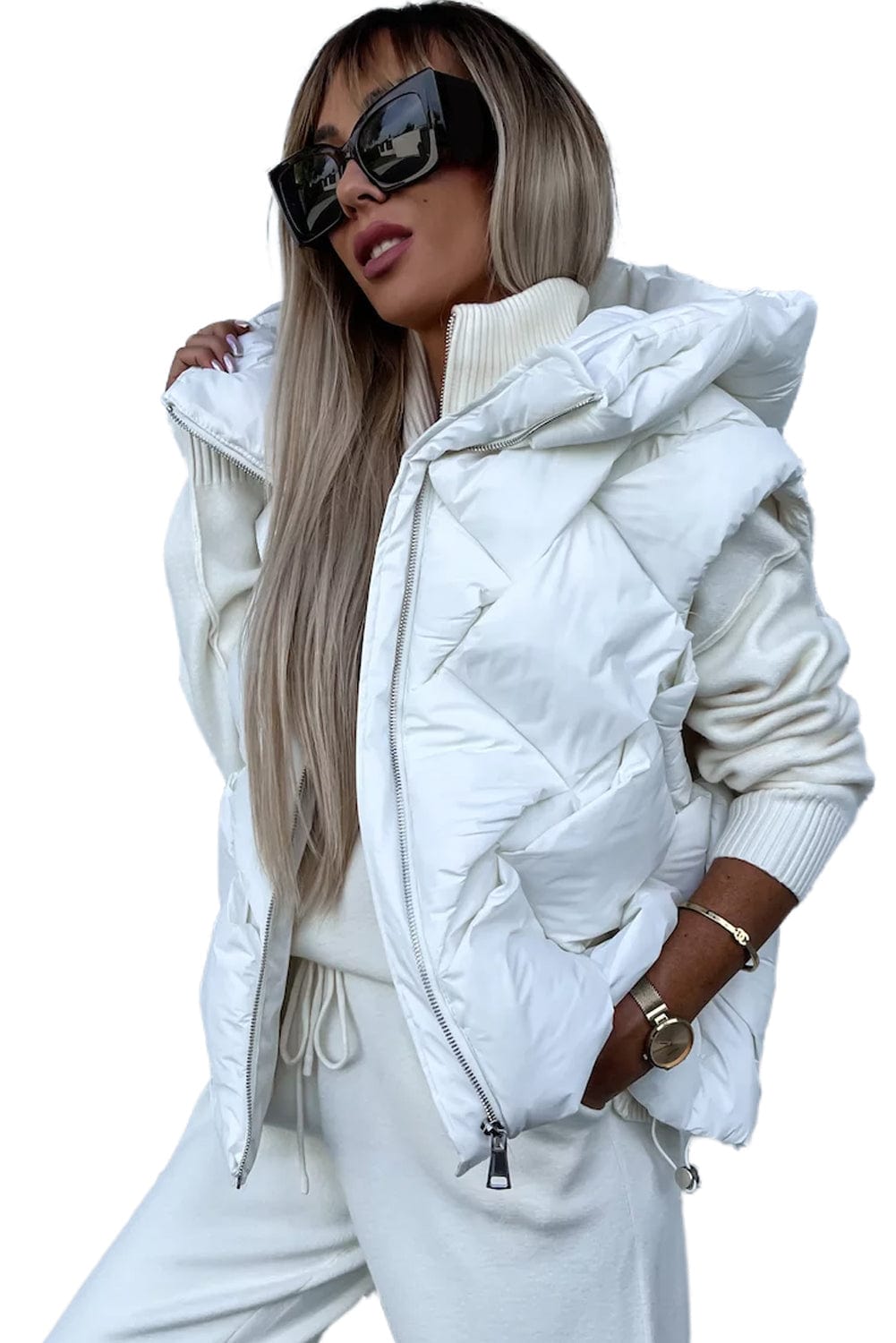 White Quilted Zipper Front Thermal Hooded Vest Coat Coats Alpha C Apparel