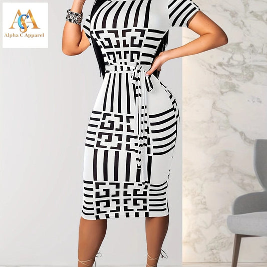Stylish Geo Print Bodycon Dress - Comfortable & Chic for Spring/Summer! dress Alpha C Apparel S(4) / Black And White Printing