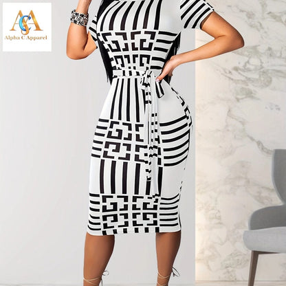 Stylish Geo Print Bodycon Dress - Comfortable & Chic for Spring/Summer! dress Alpha C Apparel S(4) / Black And White Printing